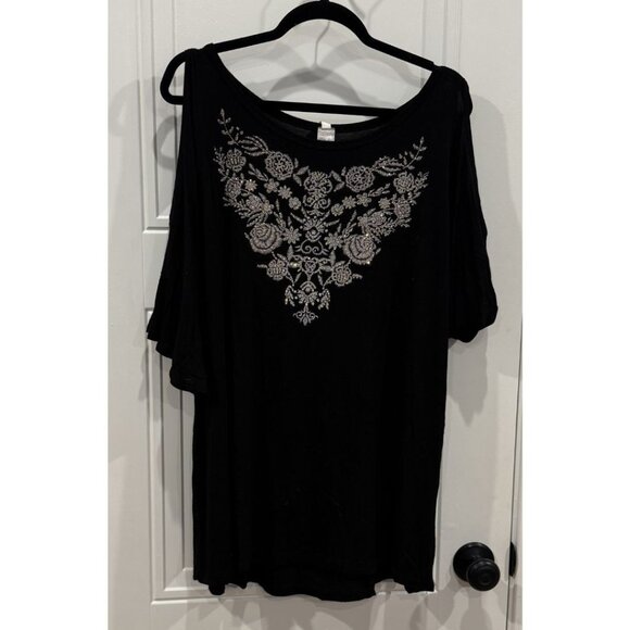 Black 2xl Cold Shoulder Top Silver Rhinestones Floral Design Boho Glam Concert - Picture 1 of 6